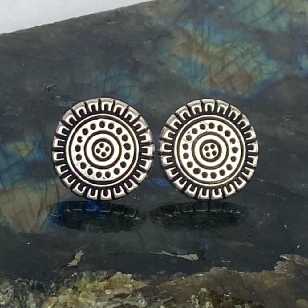 Sterling Silver 925 Signed Round 0.65" Engraved Floral Disc Stud Earrings 6g